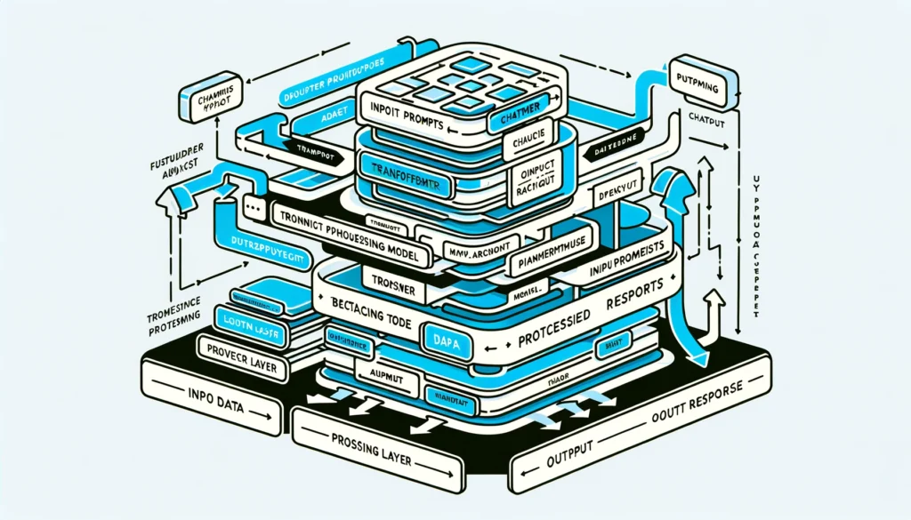 Diagram of ChatGPT's architecture showing labeled components including Input Prompts, Transformer Model, Processing Layer, and Output Responses, with arrows indicating data flow.